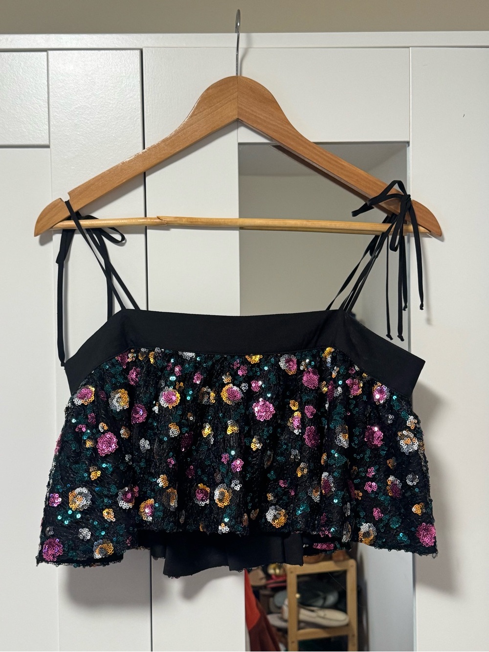 Black Sequin Floral Tie-Shoulder Crop Top